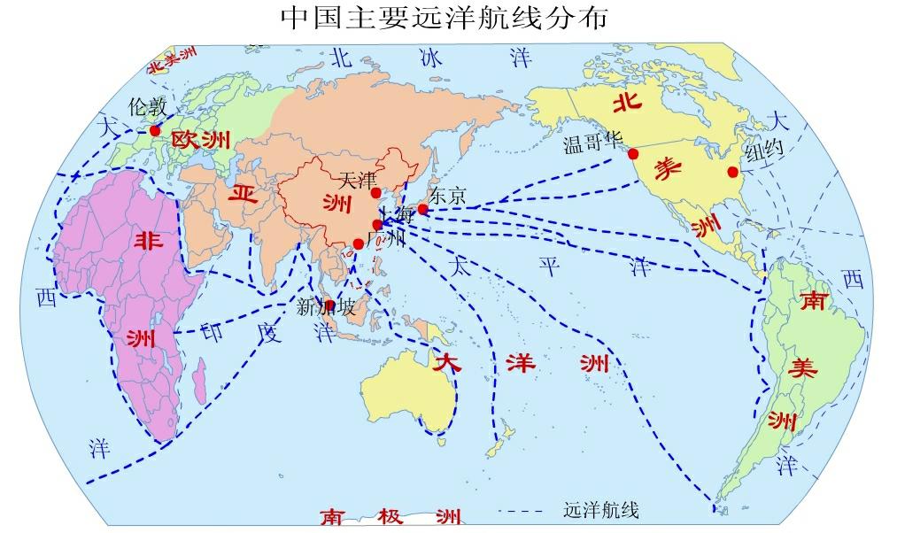 国内沿海航线      近洋航线(中日韩航线和东南亚航线)    远洋航线